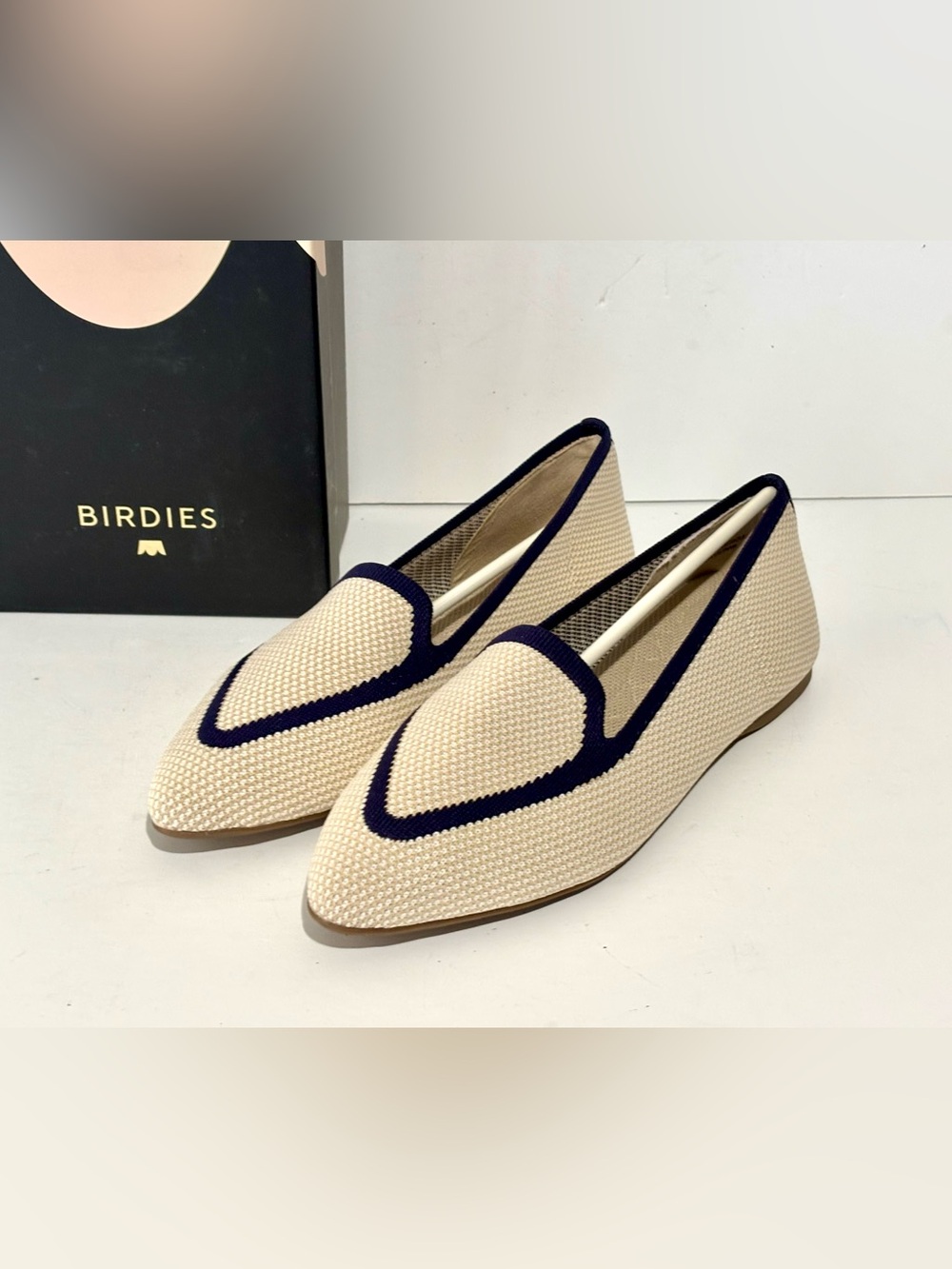 Birdies Blackbird Eggshell & Navy Flats Knit Woven Loafers Slip-ons Size 8.5 New